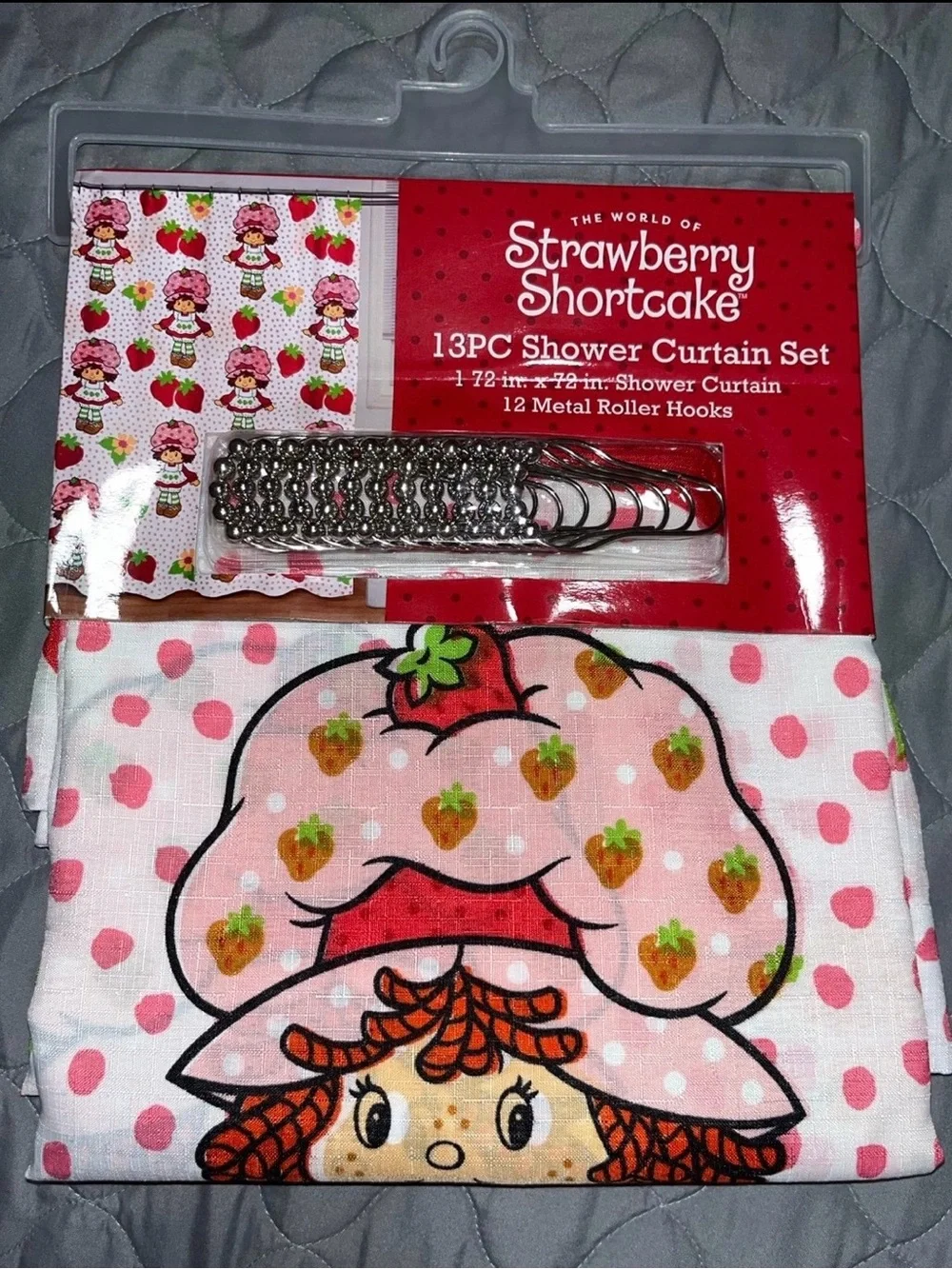 Strawberry Shortcake Pink Dots Shower Curtain  13 PC 72”x 72” NWT